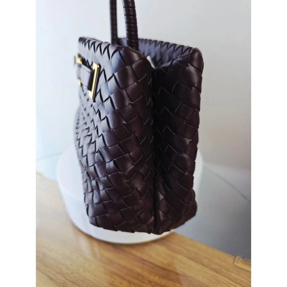 Woven Vegan Leather Satchel Handbag Burgundy Gold X Hardware Top Handle Bag